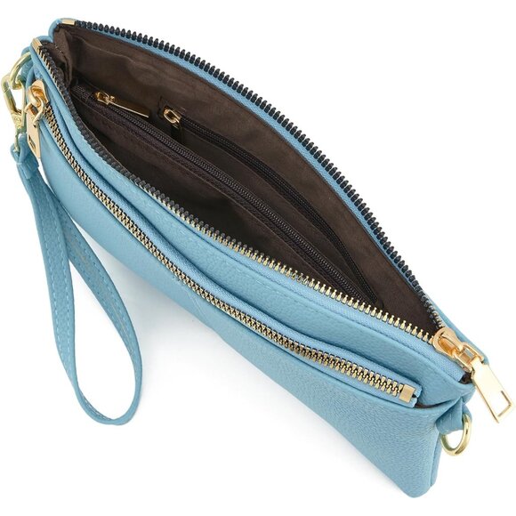 ⚡Women\'s Lightweight Light Blue Triple Zip Vegan Leather Clutch Wristlet Bag
